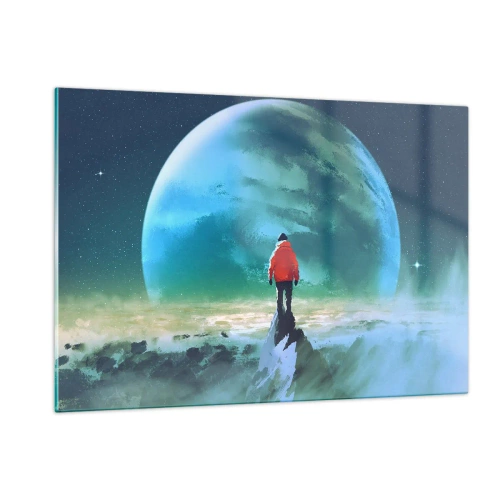 Impression sur verre - Image sur verre - Une silhouette vêtue d'une veste rouge sur fond d'une immense planète et d'étoiles - 120x80cm - Explorateur de la nouvelle terre - Décoration murale moderne pour le salon et la chambre ARTTOR