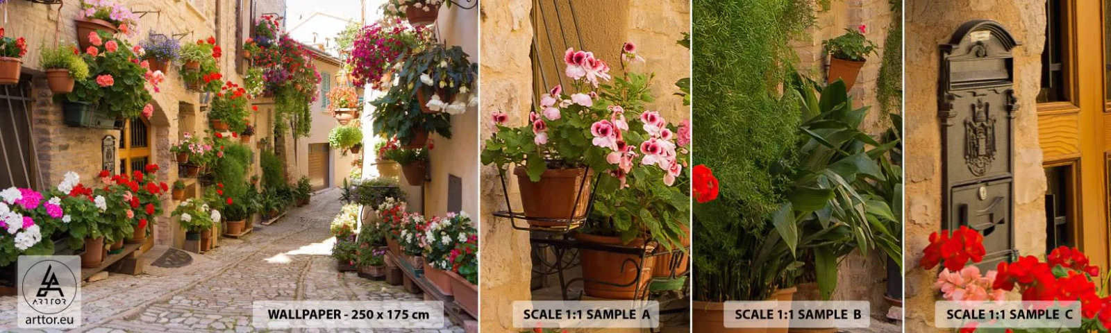 Échantillon de Papier Peint Autocollant Deluxe Sticker - Une inondation de fleurs - Ville, Italie, Belles rues - 100x30 cm