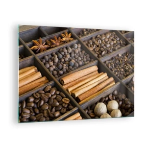 Impression sur verre - Image sur verre - Épices dans des compartiments en bois - 70x50cm - Trésor d'arômes - Décoration murale moderne pour le salon et la chambre ARTTOR