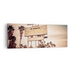 Impression sur toile - Image sur toile - Panneau de motel rétro entouré de palmiers - 140x50cm - Ici, le temps s'est arrêté - Décoration murale moderne pour le salon et la chambre ARTTOR