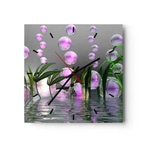 Horloge murale - Pendule murale - Feuilles vertes et bulles roses au-dessus de l'eau sur fond gris - 30x30cm - Une composition réfléchissante de légèreté et de vie - Décoration murale moderne pour le salon et la chambre ARTTOR