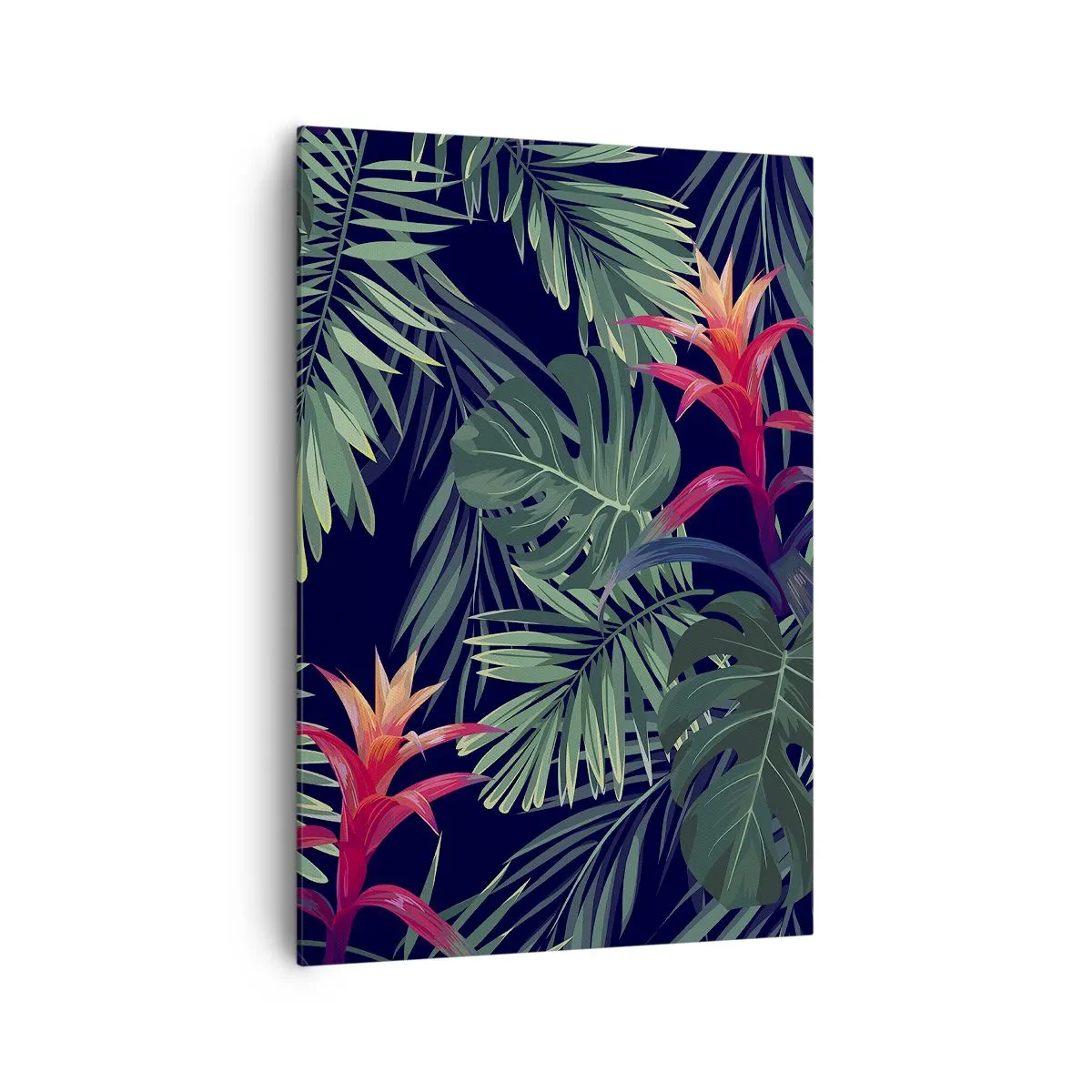 Impression sur toile - Image sur toile - Feuilles et fleurs tropicales sur fond sombre - 70x100cm - immergé dans la nature - Décoration murale moderne pour le salon et la chambre ARTTOR