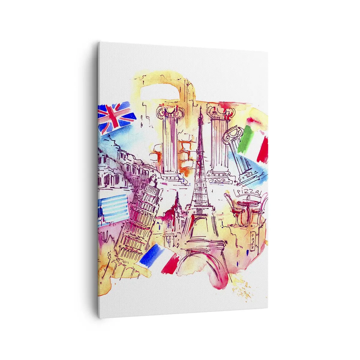 Impression sur toile - Image sur toile - Aquarelle de symboles européens avec drapeaux de pays - 70x100cm - Tournée européenne - Décoration murale moderne pour le salon et la chambre ARTTOR