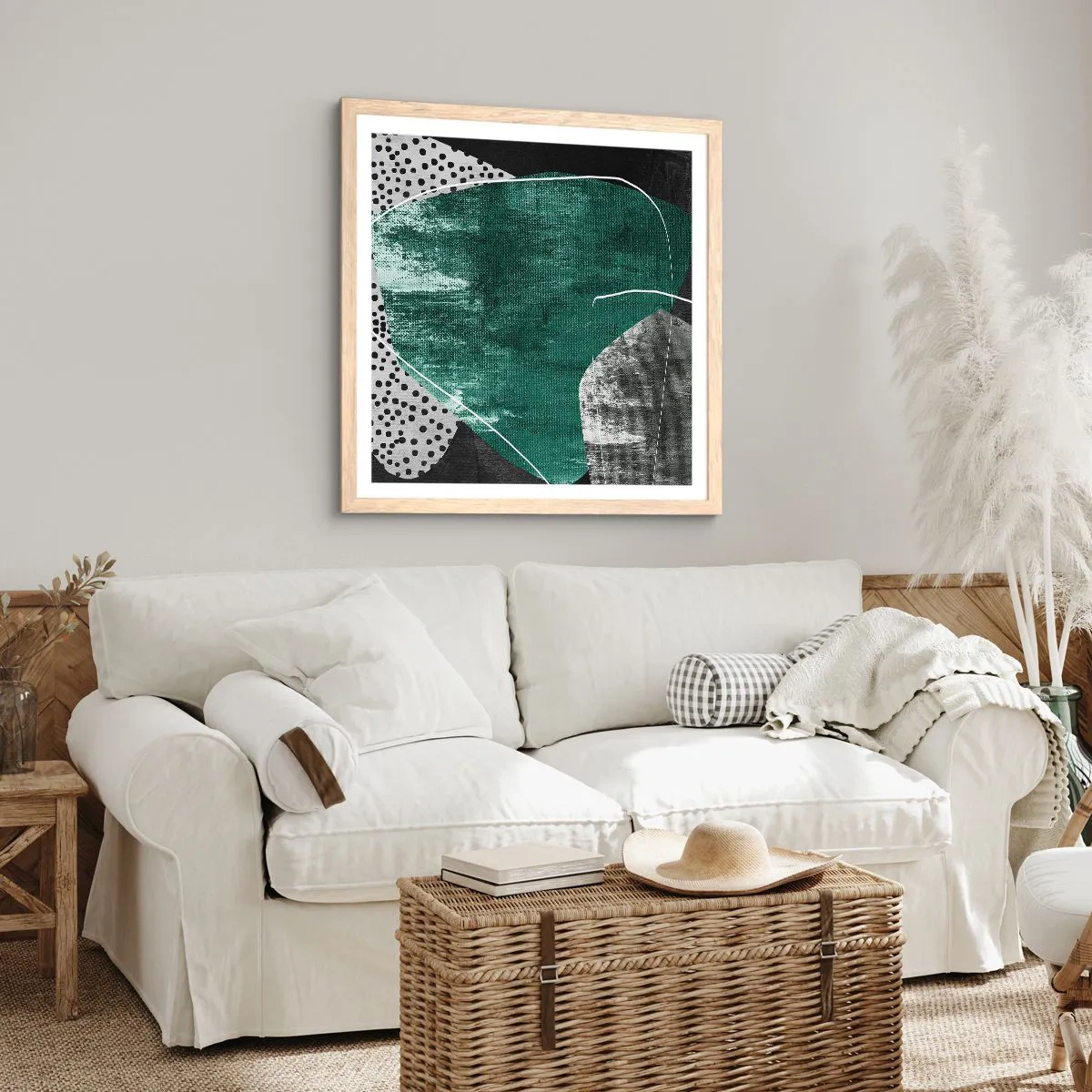 Affiche dans un chêne clair - Poster - Abstraction colorée avec feuille d'or - 40x40 cm