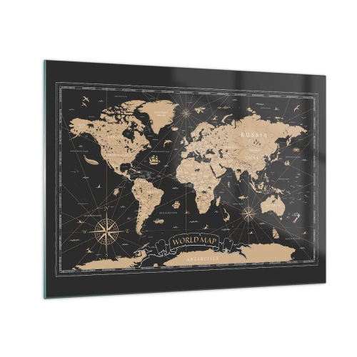 Impression sur verre - Image sur verre - Carte du monde stylisée dans les tons beige et noir - 70x50cm - Les limites de mon monde - Décoration murale moderne pour le salon et la chambre ARTTOR