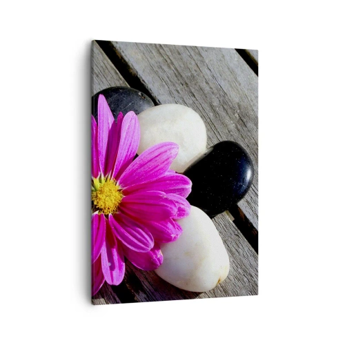 Impression sur toile - Image sur toile - Fleur rose sur un fond de planches de bois avec des pierres - 50x70cm - Repos sur la jetée - Décoration murale moderne pour le salon et la chambre ARTTOR