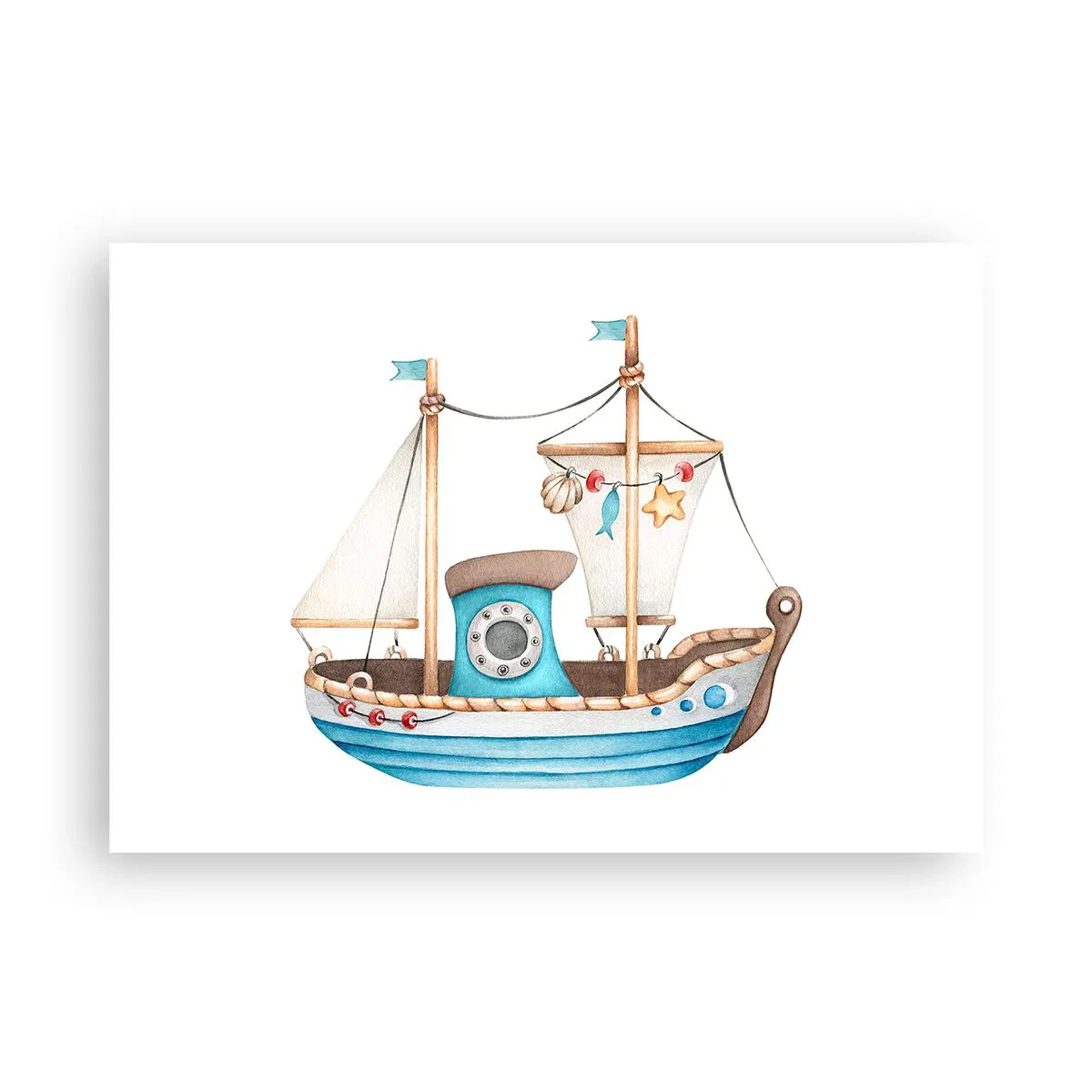 Affiche - Poster - Illustration d'un navire aux couleurs pastel sur fond blanc - 100x70cm - Ohé, l'aventure ! - Décoration murale moderne pour le salon et la chambre ARTTOR