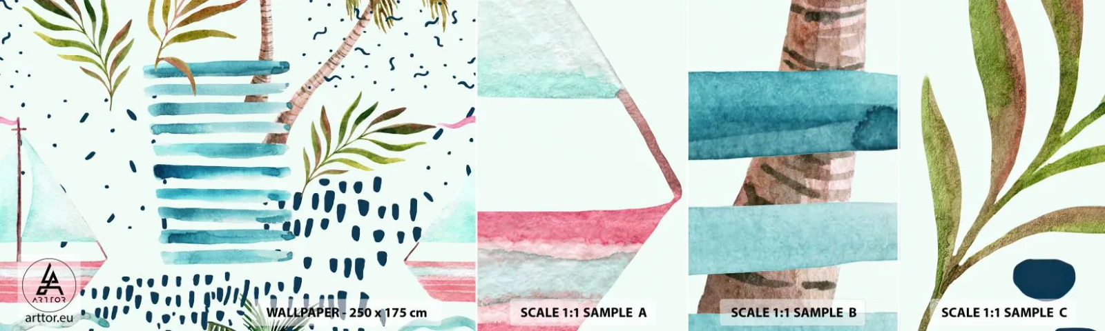 Échantillon de Papier Peint Autocollant Deluxe Sticker - Des vacances sous les palmiers - Aquarelles, Cocotier, Voilier - 100x30 cm