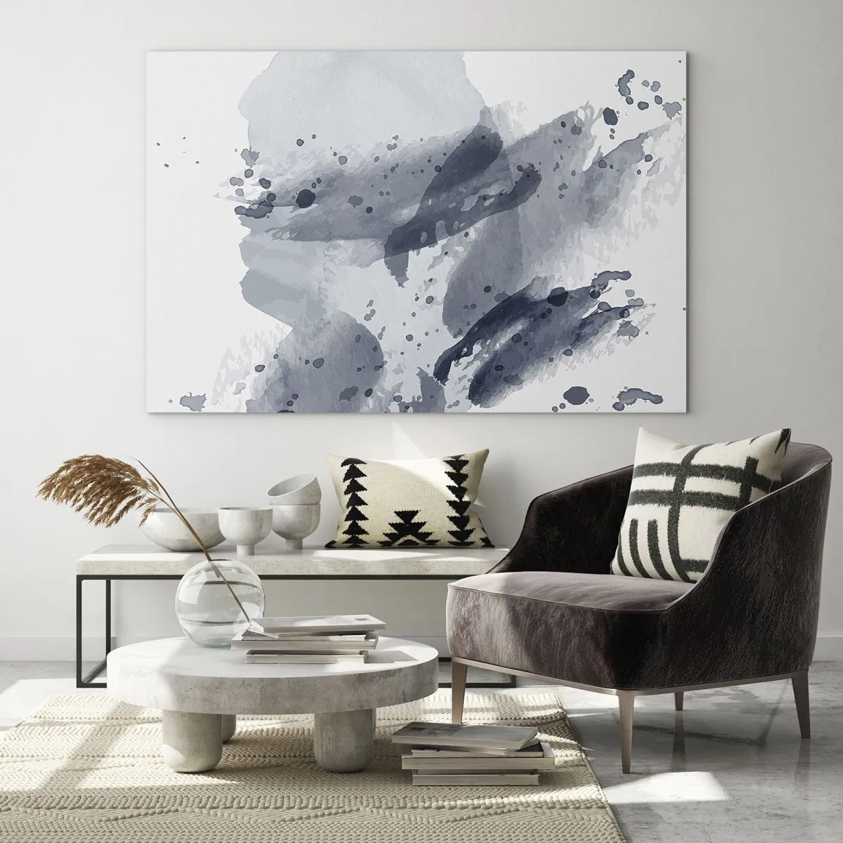 Impression sur verre - Image sur verre - Taches d'aquarelle bleu-gris ressemblant à de l'eau en mouvement - 100x70cm - Étude de la nature de l'eau - Décoration murale moderne pour le salon et la chambre ARTTOR