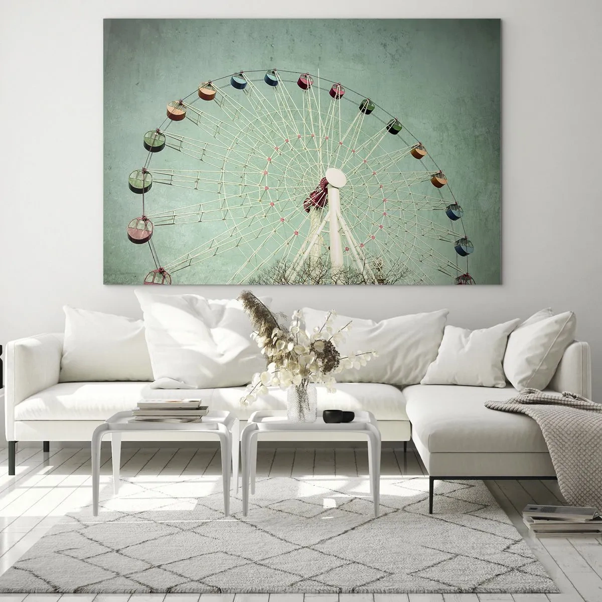 Impression sur verre - Image sur verre - Une grande roue colorée sur un fond vert pastel - 120x80cm - Nous vous invitons à vous amuser - Décoration murale moderne pour le salon et la chambre ARTTOR