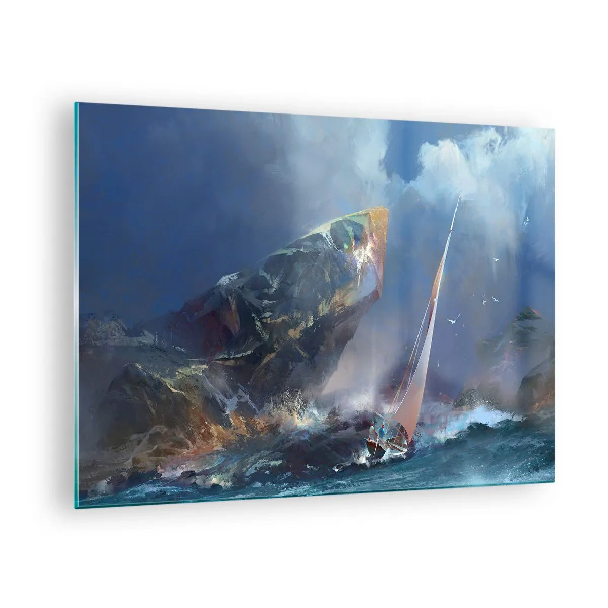 Impression sur verre - Image sur verre - Un voilier dans une tempête au large d'une côte rocheuse - 70x50cm - Celui qui est courageux, gagne - Décoration murale moderne pour le salon et la chambre ARTTOR