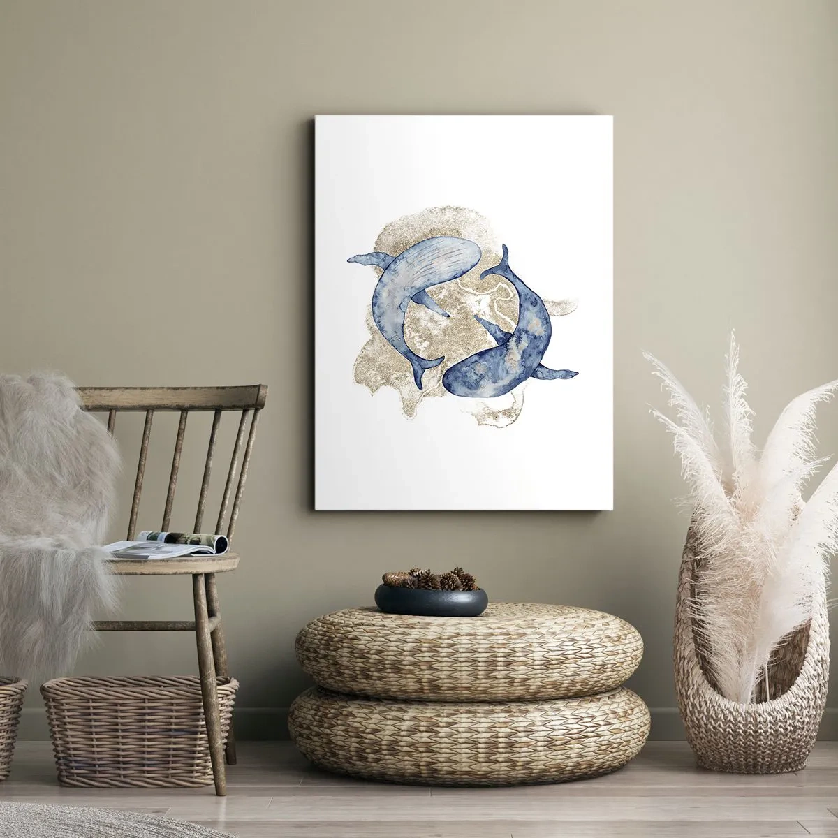 Impression sur toile - Image sur toile - Baleines bleues abstraites sur fond clair - 80x120cm - Amis ou amoureux? - Décoration murale moderne pour le salon et la chambre ARTTOR