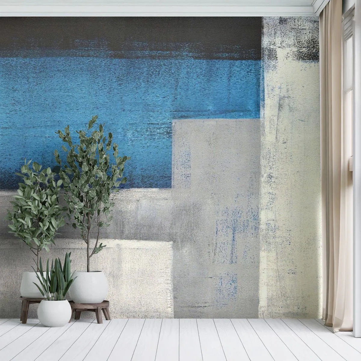 Papier Peint Autocollant Deluxe Sticker - Une composition poétique de gris et de bleu - Abstraction, Morceau, Peinture - 100x70 cm
