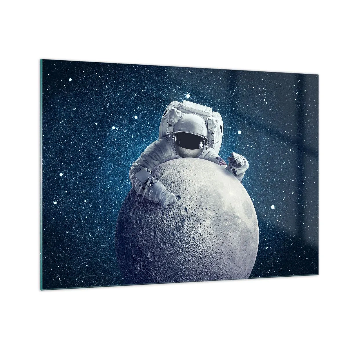 Impression sur verre - Image sur verre - Un astronaute étreignant la lune dans un ciel étoilé - 100x70cm - Comique de l'espace - Décoration murale moderne pour le salon et la chambre ARTTOR