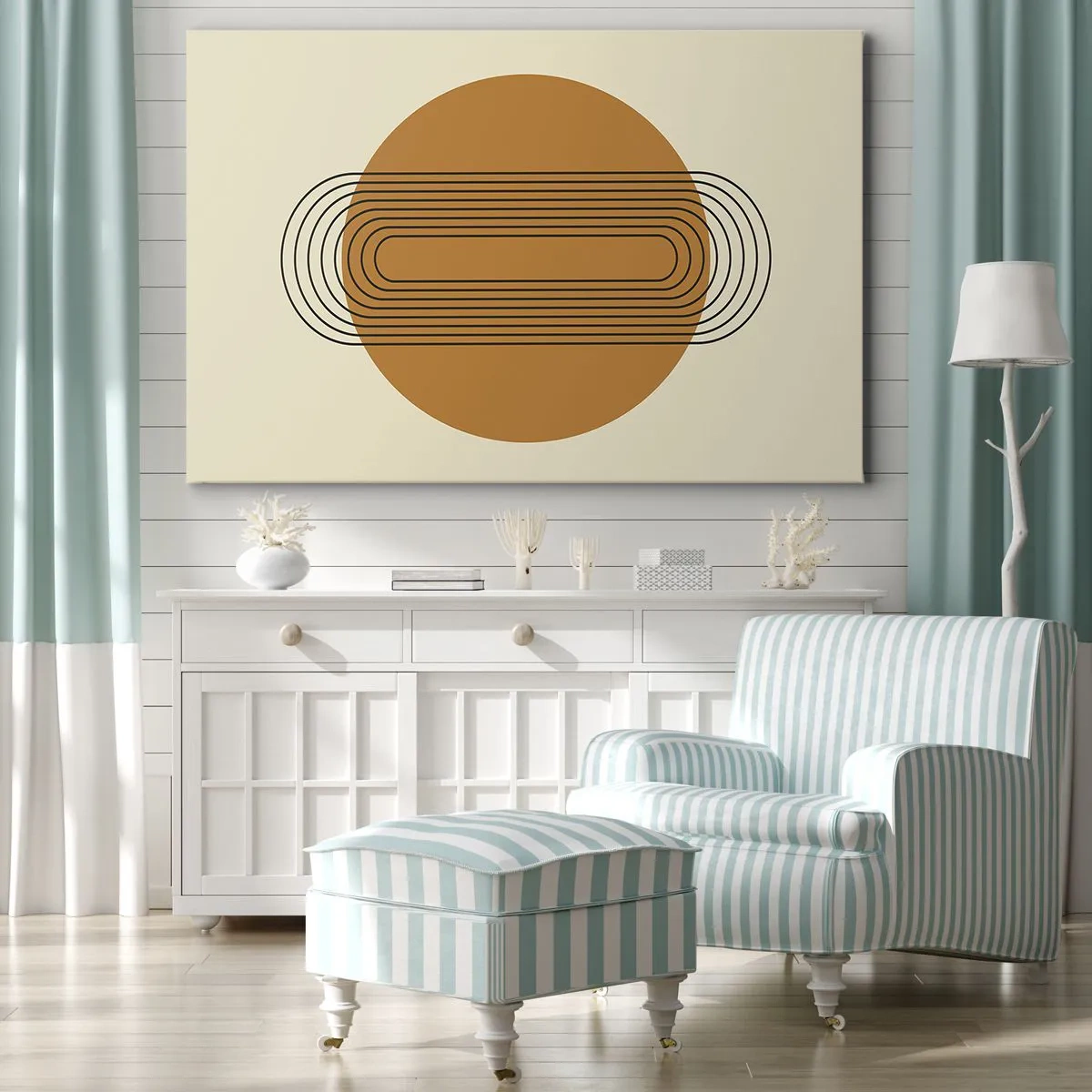 Impression sur toile - Image sur toile - Motif géométrique avec des cercles et des lignes orange - 100x70cm - Plan idéal - Décoration murale moderne pour le salon et la chambre ARTTOR