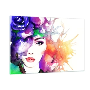 Impression sur verre - Image sur verre - Une femme avec un arrière-plan flou et coloré dans un style aquarelle - 120x80cm - Avec la tête dans les nuages - Décoration murale moderne pour le salon et la chambre ARTTOR