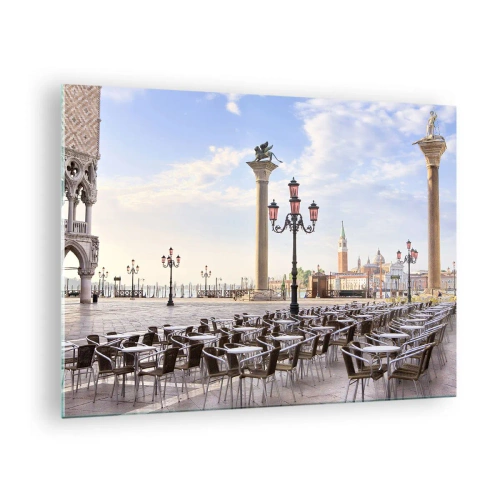 Impression sur verre - Image sur verre - Une place avec des colonnes et des rangées de chaises à Venise - 70x50cm - Nous vous invitons, tout est prêt - Décoration murale moderne pour le salon et la chambre ARTTOR