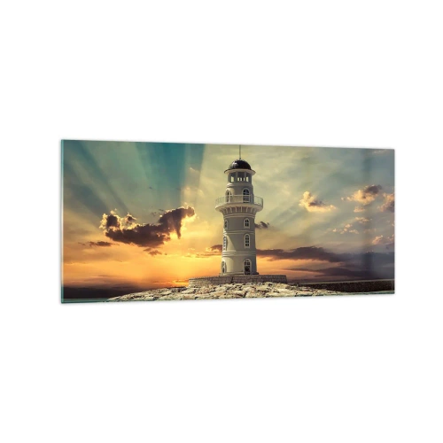 Impression sur verre - Image sur verre - Un phare au coucher du soleil contre le ciel - 120x50cm - Lumière - Bonté - Beauté - Décoration murale moderne pour le salon et la chambre ARTTOR