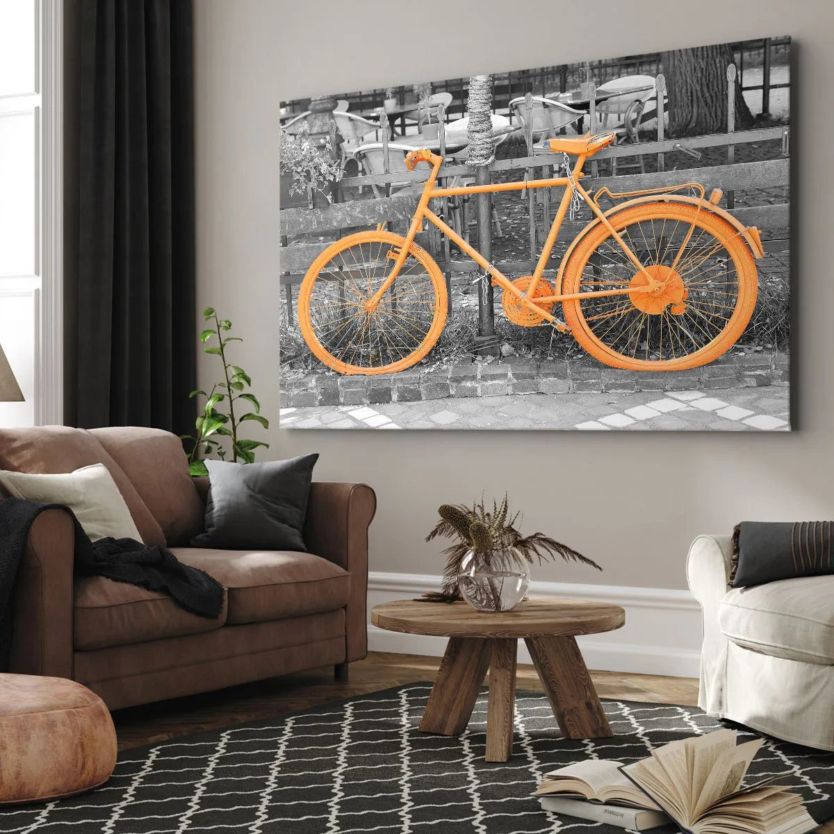 Impression sur toile - Image sur toile - Photographie artistique d'un vélo jaune sur fond noir et blanc - 70x50cm - Allez, je vais attendre ici - Décoration murale moderne pour le salon et la chambre ARTTOR