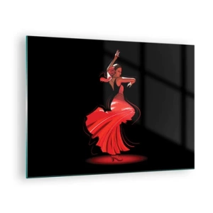 Impression sur verre - Image sur verre - Danseuse de flamenco en robe rouge sur fond noir - 70x50cm - L'esprit fougueux du flamenco - Décoration murale moderne pour le salon et la chambre ARTTOR