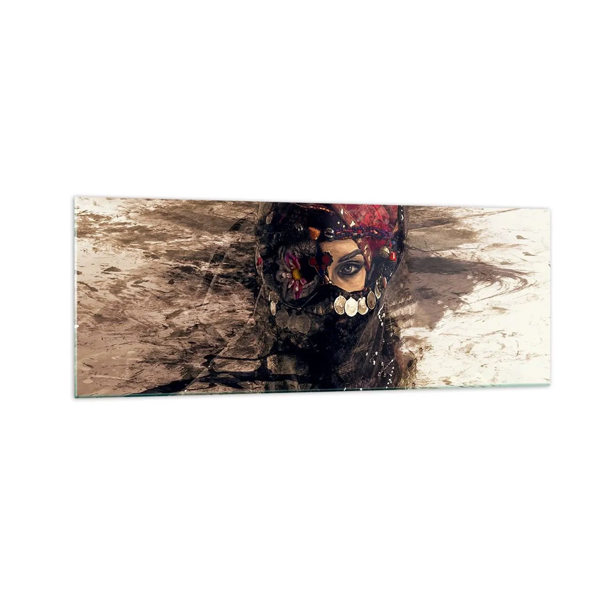 Impression sur verre - Image sur verre - Portrait artistique d'une femme en tenue orientale sur fond abstrait. - 140x50cm - Inquiétant, c'est le moins qu'on puisse dire - Décoration murale moderne pour le salon et la chambre ARTTOR