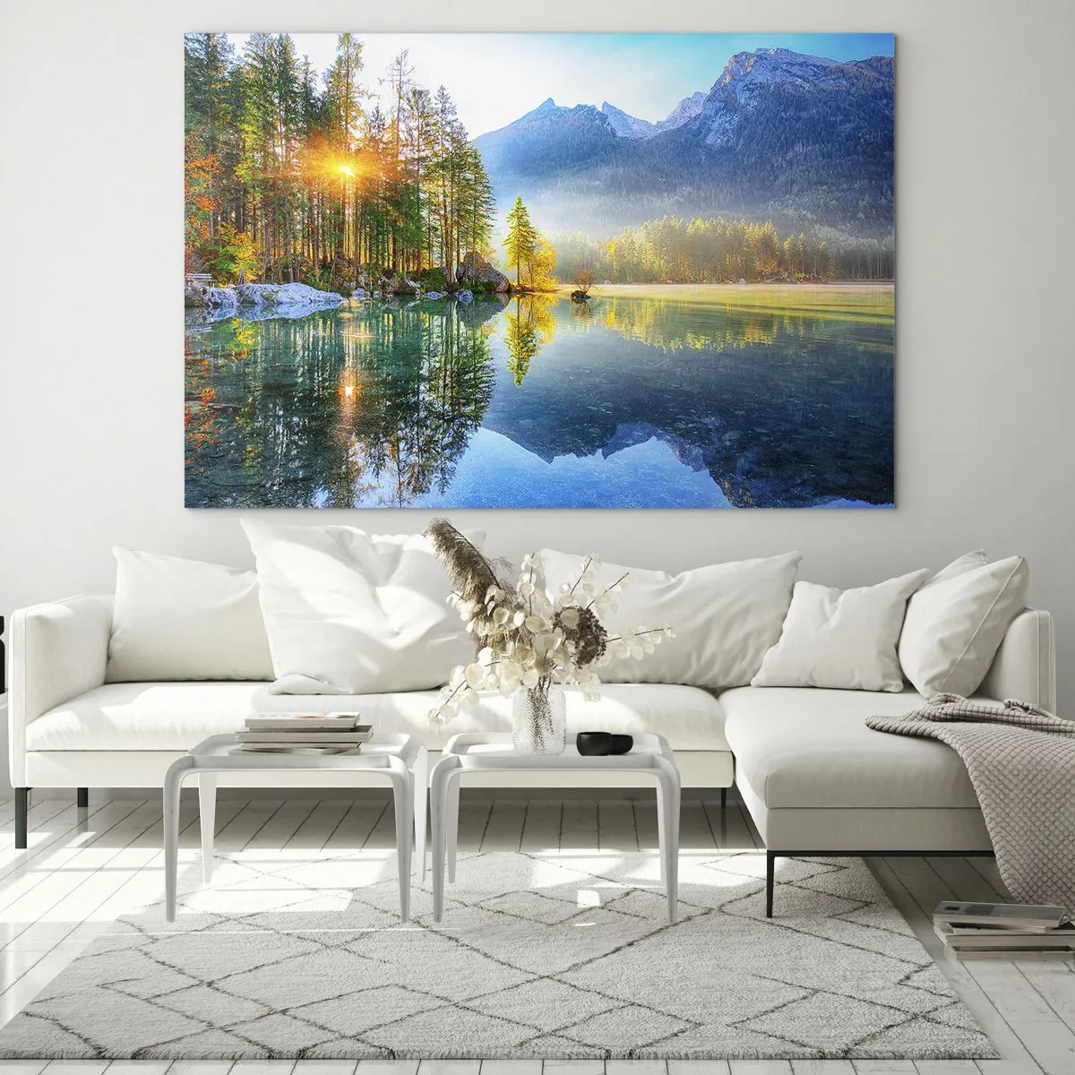 Impression sur verre - Image sur verre - Paysage de montagne avec un lac et le soleil du matin - 70x50cm - Majesté et douceur - Décoration murale moderne pour le salon et la chambre ARTTOR