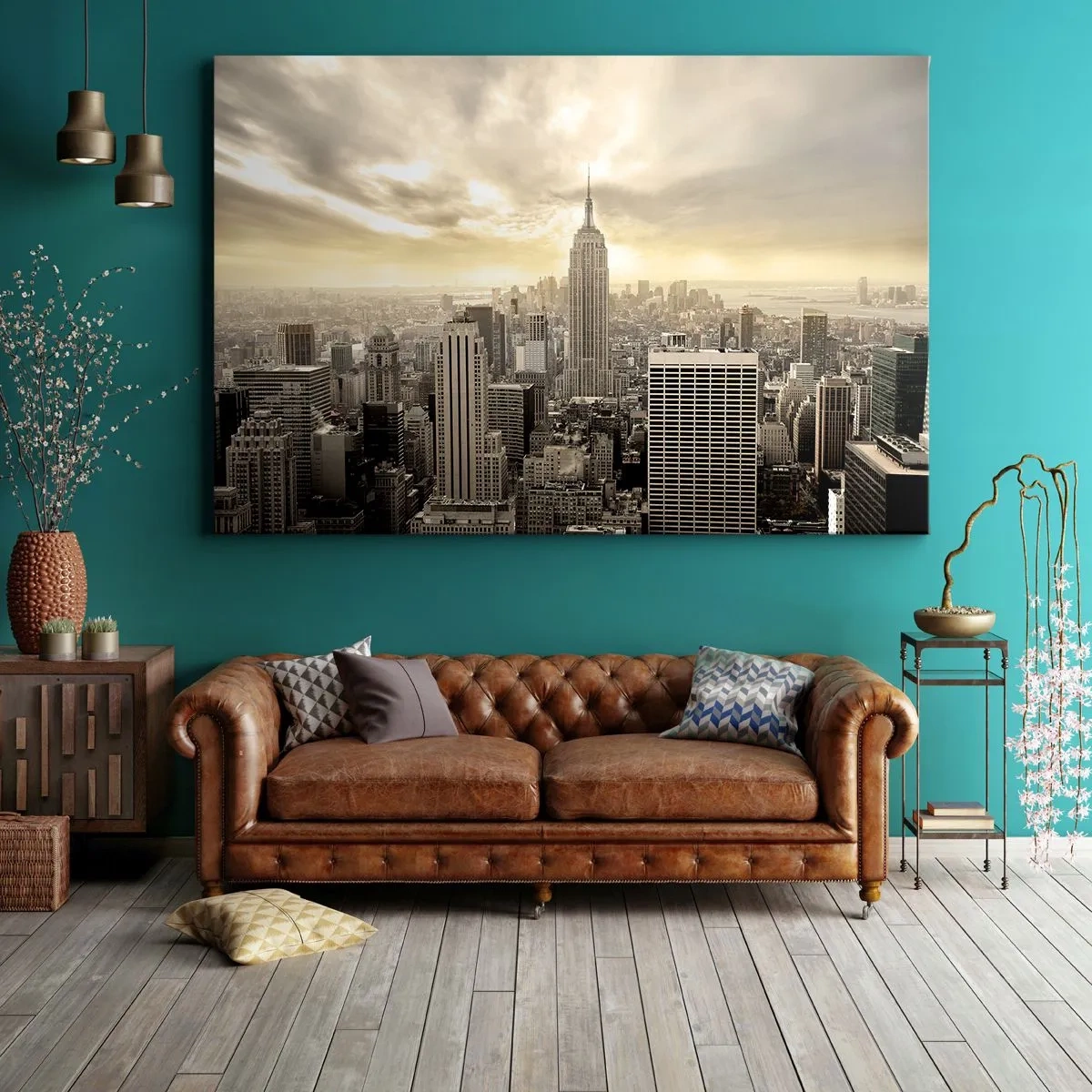 Impression sur toile - Image sur toile - Panorama de la ville avec vue sur l'Empire State Building - 120x80cm - New York tissé de gris - Décoration murale moderne pour le salon et la chambre ARTTOR