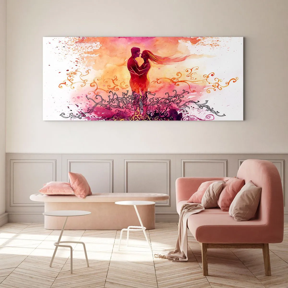 Impression sur verre - Image sur verre - Un couple s'embrassant sur un motif abstrait rose et orange - 160x50cm - Un coeur! Je n'ai pas besoin de beaucoup… - Décoration murale moderne pour le salon et la chambre ARTTOR