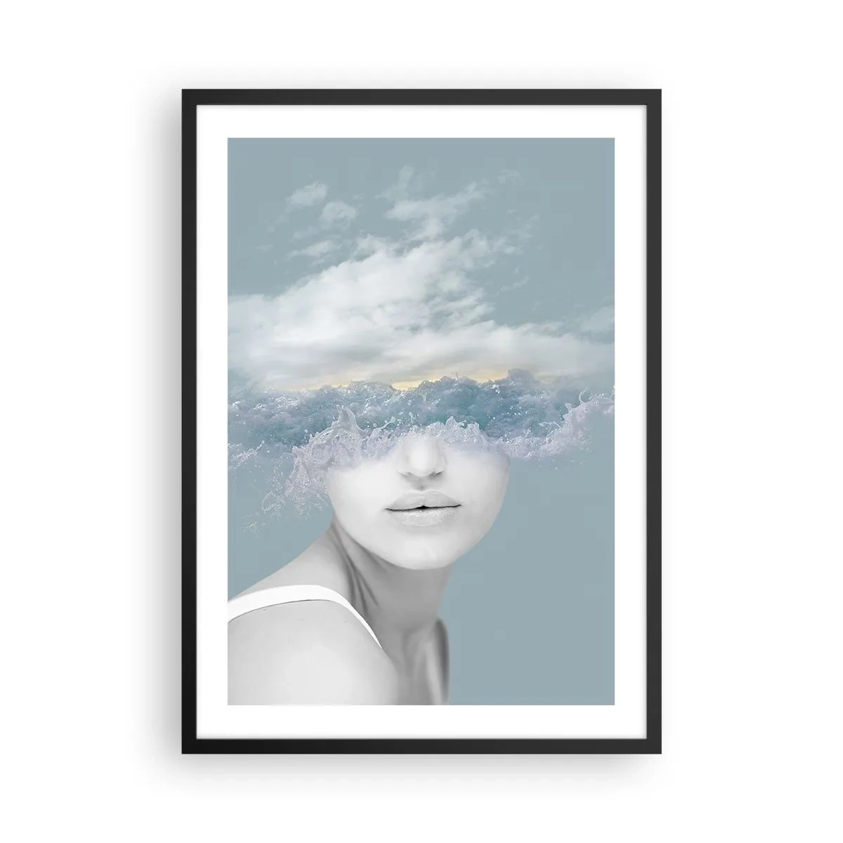 Affiche dans un cadre noir - Poster - Une femme avec des vagues de l'océan pour yeux - 50x70cm - La tête dans les nuages - Décoration murale moderne pour le salon et la chambre ARTTOR