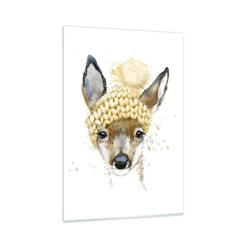 Impression sur verre - Image sur verre - Cerf aquarelle avec une casquette jaune - 80x120cm - Pour l'hiver dans la forêt enneigée - Décoration murale moderne pour le salon et la chambre ARTTOR