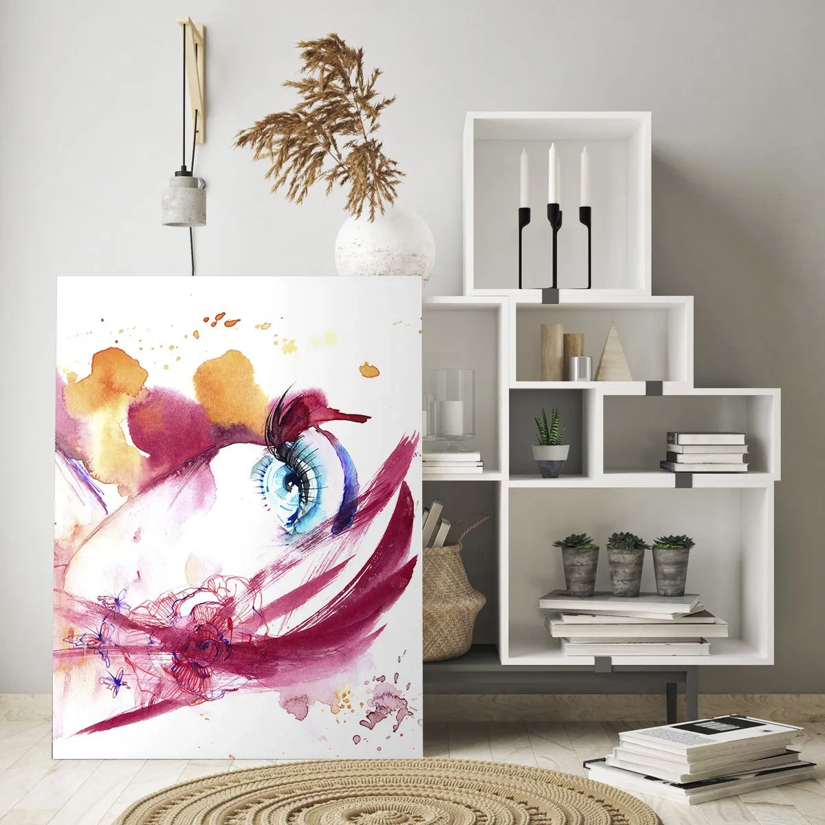 Impression sur verre - Image sur verre - Un visage abstrait avec des yeux expressifs et des accents rouges. - 80x120cm - Le monde prospère dans la proximité - Décoration murale moderne pour le salon et la chambre ARTTOR