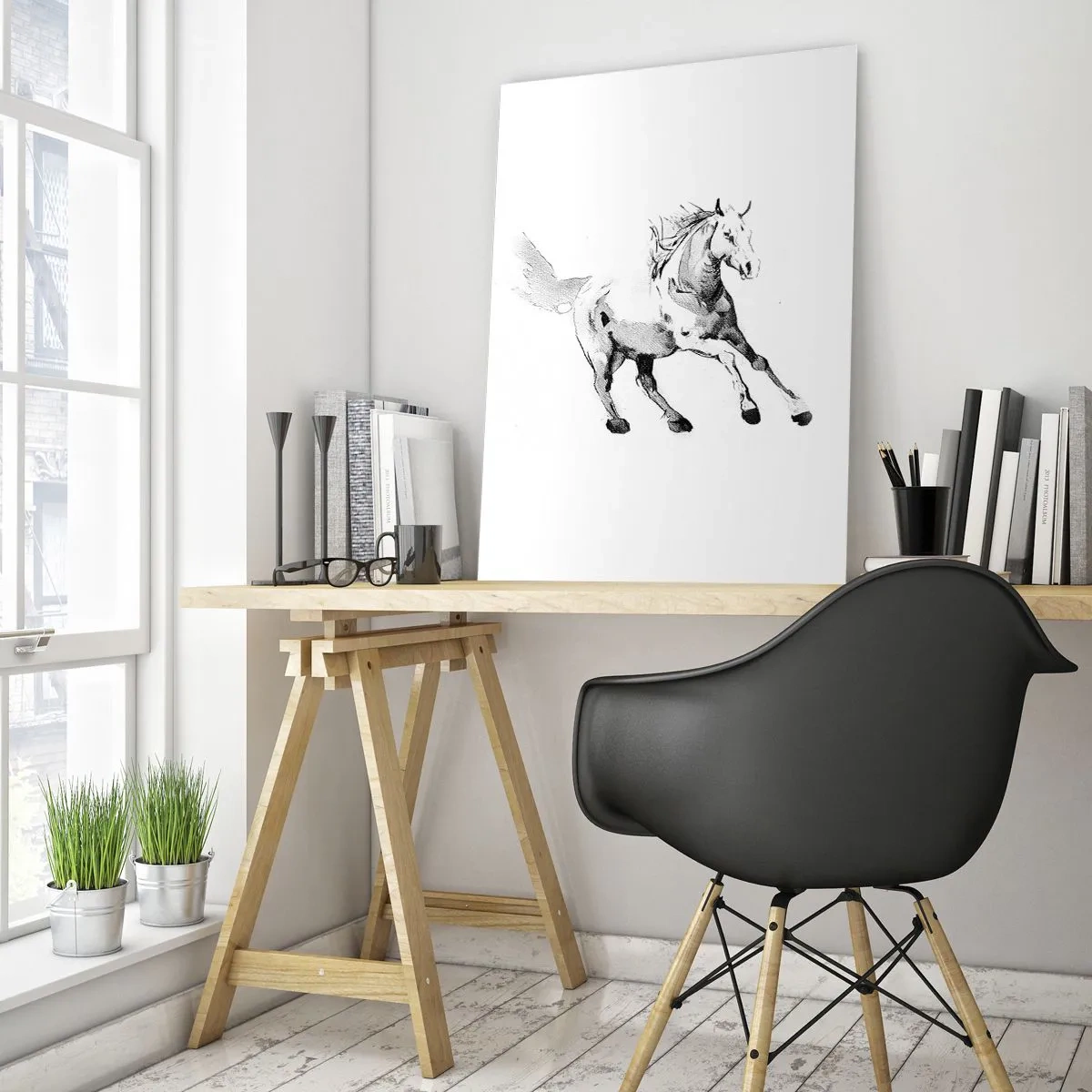 Impression sur verre - Image sur verre - Croquis noir et blanc d'un cheval au galop sur fond blanc - 50x70cm - Âme indomptée - Décoration murale moderne pour le salon et la chambre ARTTOR