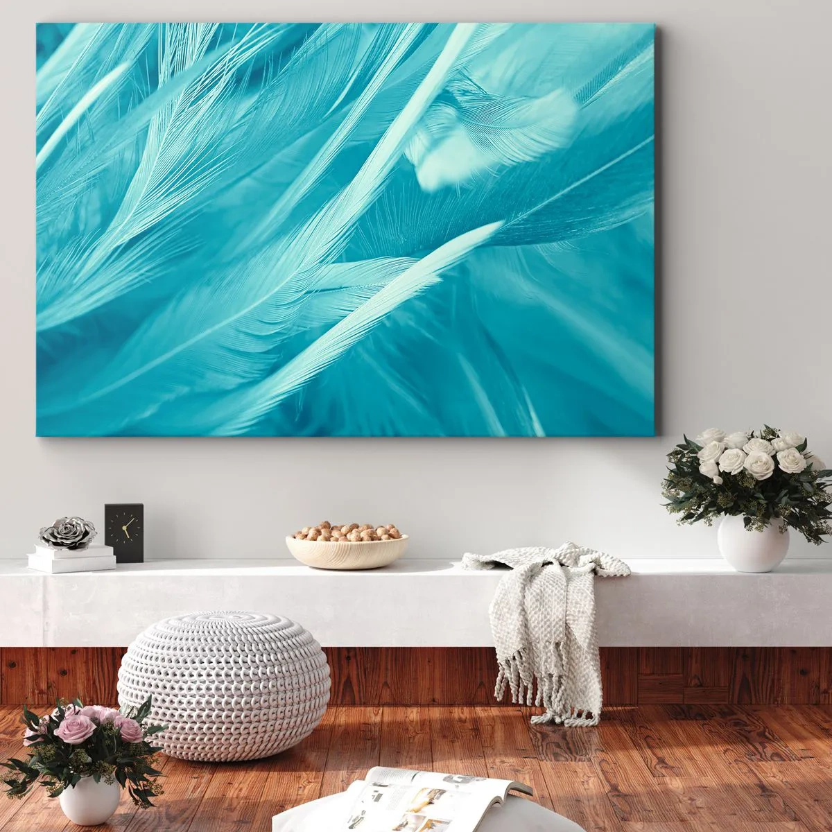 Impression sur toile - Image sur toile - Gros plan de délicates plumes turquoises - 100x70cm - Se noyer dans les plumes - Décoration murale moderne pour le salon et la chambre ARTTOR