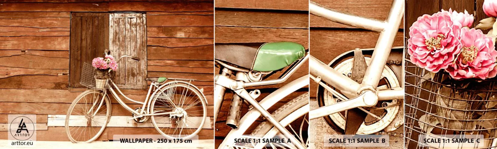 Échantillon De Papier Peint Standard Eco - Je reviens tout de suite - Vélo, Fleurs, Maison en bois - 100x30 cm