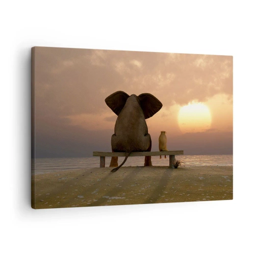 Impression sur toile - Image sur toile - Un éléphant et un chien sont assis sur un banc sur la plage au coucher du soleil. - 70x50cm - C'est bon de garder le silence ensemble - Décoration murale moderne pour le salon et la chambre ARTTOR