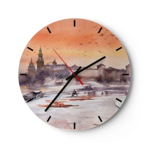 Horloge murale - Pendule murale - Coucher de soleil sur le château avec la rivière et les oiseaux dans le ciel - 30x30cm - Coucher de soleil royal - Décoration murale moderne pour le salon, la cuisine et la chambre ARTTOR