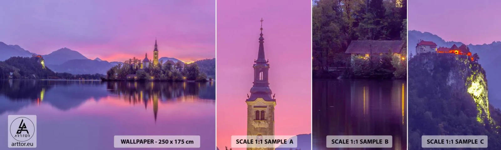 Échantillon de Papier Peint Autocollant Deluxe Sticker - Une île de conte de fées au crépuscule - Paysage, Slovénie, Île de Bled - 100x30 cm