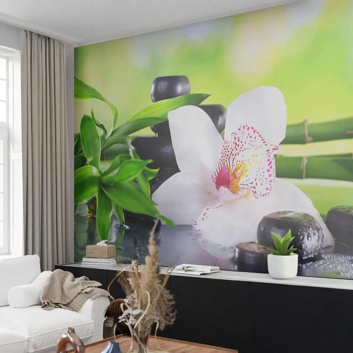 Papier Peint Photo Premium Sand - Une composition de bambou, d'orchidées et de pierres sur l'eau - 100x70cm - Raffraîchissement de fraîcheur - Décoration murale moderne pour le salon et la chambre ARTTOR