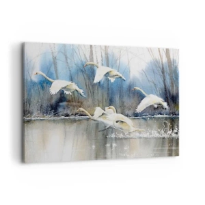 Impression sur toile - Image sur toile - Cygnes en vol au-dessus d'un lac gelé dans un paysage hivernal - 120x80cm - Comme dans un conte de fées sur les cygnes sauvages - Décoration murale moderne pour le salon et la chambre ARTTOR