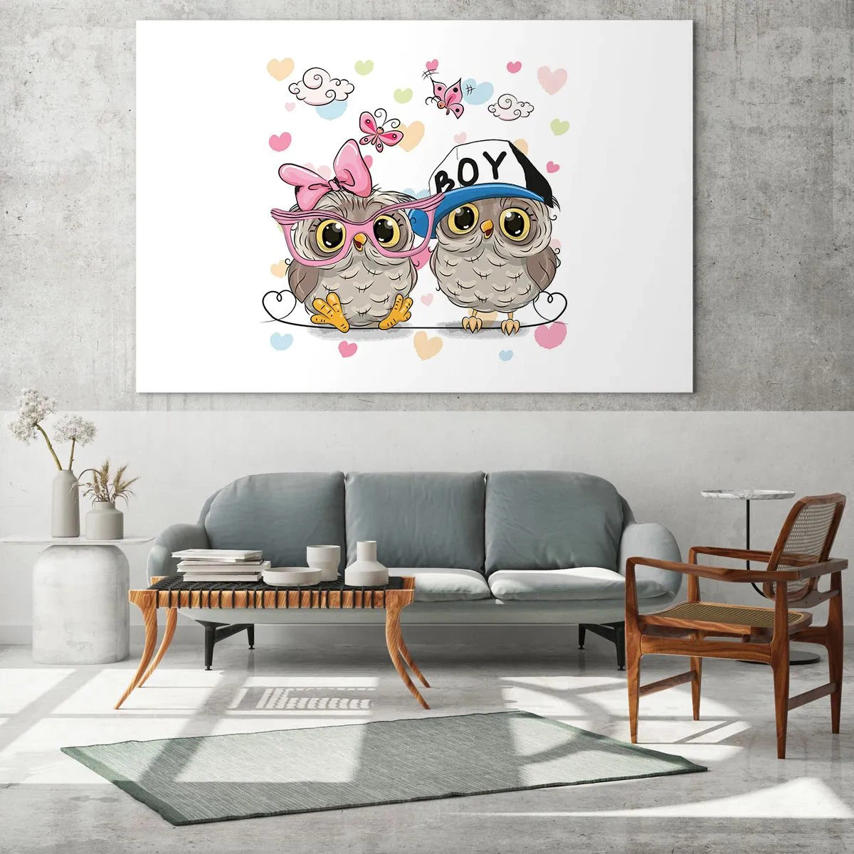 Impression sur verre - Image sur verre - Une paire de hiboux joyeux dans une composition pastel - 120x80cm - On s'aime! - Décoration murale moderne pour le salon et la chambre ARTTOR