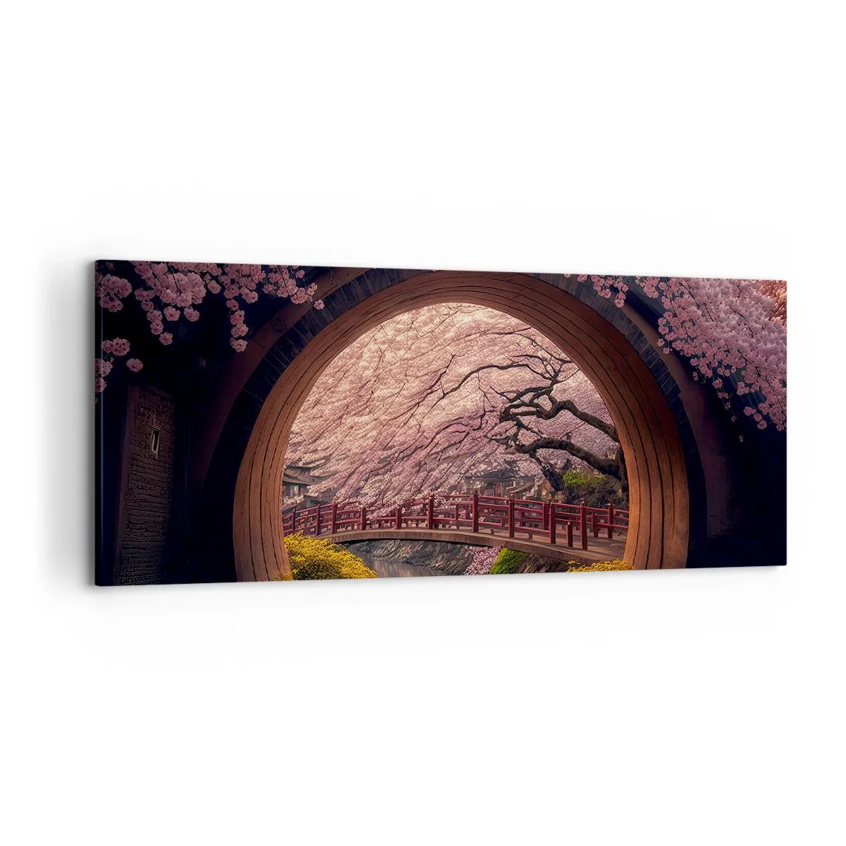 Impression sur toile - Image sur toile - Un pont japonais traditionnel entouré de fleurs de cerisier - 120x50cm - Printemps japonais - Décoration murale moderne pour le salon et la chambre ARTTOR