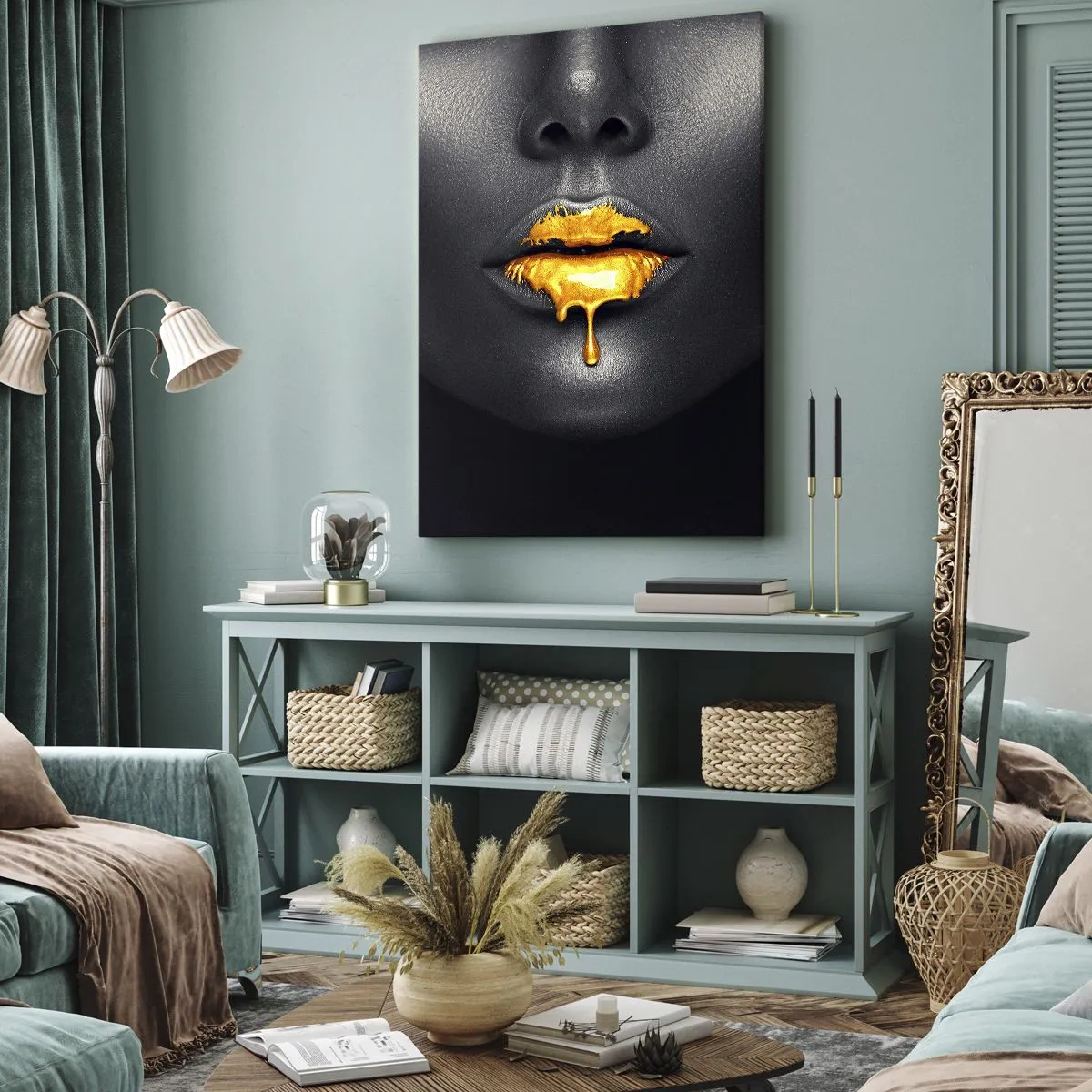 Impression sur toile - Image sur toile - Portrait noir et or d'une femme avec une goutte d'or sur les lèvres - 70x100cm - Bouche d'or - Décoration murale moderne pour le salon et la chambre ARTTOR