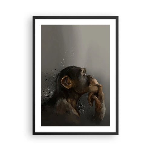 Affiche dans un cadre noir - Poster - Portrait d'un singe pensant dans des tons gris doux avec un fond abstrait - 50x70cm - Certainement un penseur - Décoration murale moderne pour le salon et la chambre ARTTOR