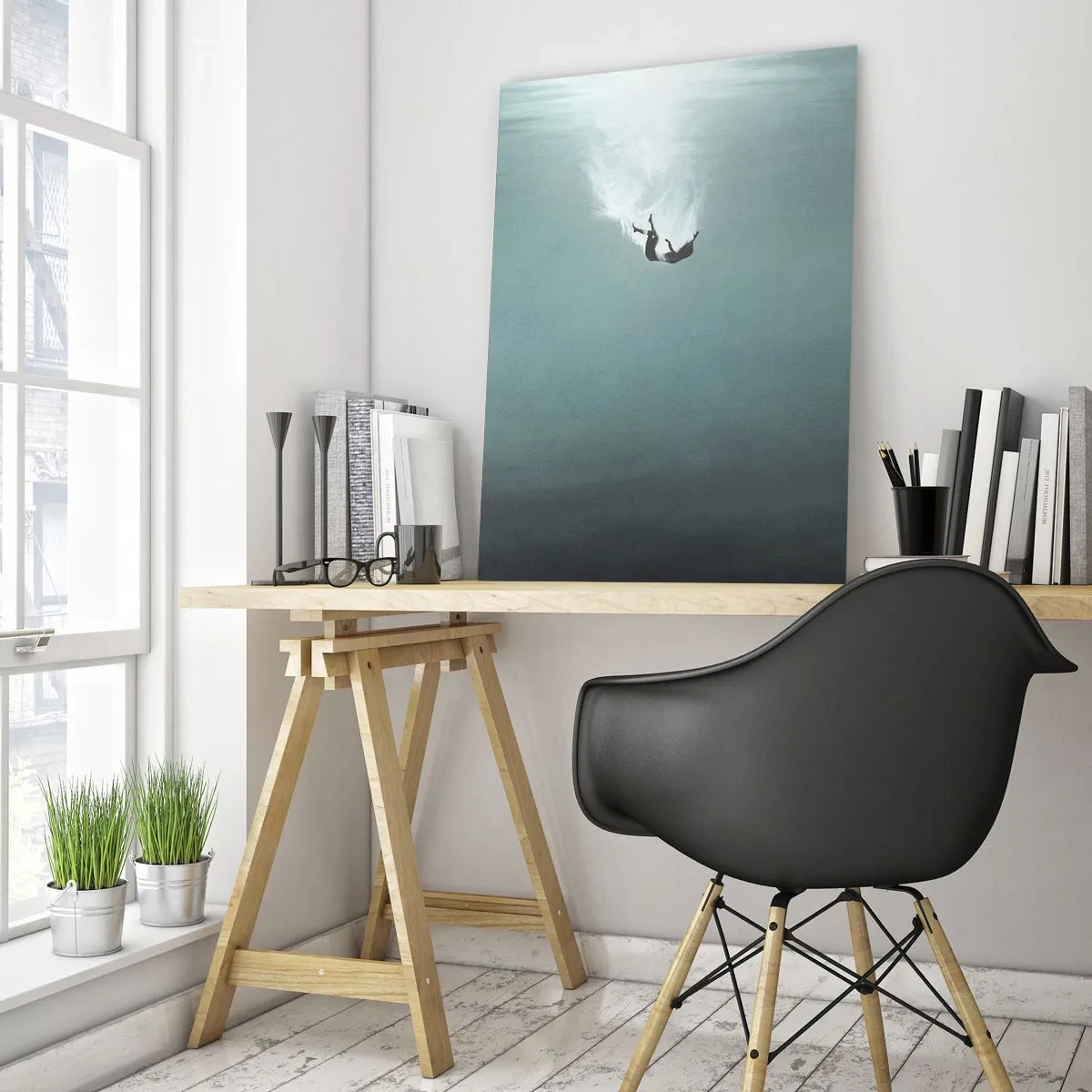Impression sur verre - Image sur verre - La silhouette d'un homme immergé dans les profondeurs bleues de l'océan - 50x70cm - Dans les bras de l'océan - Décoration murale moderne pour le salon et la chambre ARTTOR