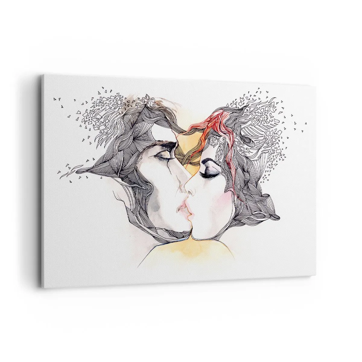 Impression sur toile - Image sur toile - Portrait artistique d'un couple avec des motifs de cheveux abstraits - 120x80cm - Le monde n'existe pas - Décoration murale moderne pour le salon et la chambre ARTTOR