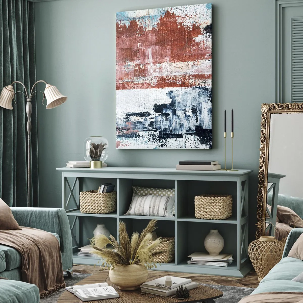 Impression sur toile - Image sur toile - Abstraction aux couleurs blanc, bleu et brique - 80x120cm - Moitié-moitié abstrait - Décoration murale moderne pour le salon et la chambre ARTTOR