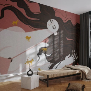 Papier Peint Autocollant Deluxe Sticker - Rêve d'un cheval d'or - Femme, Portrait, Minimalisme - 500x350 cm