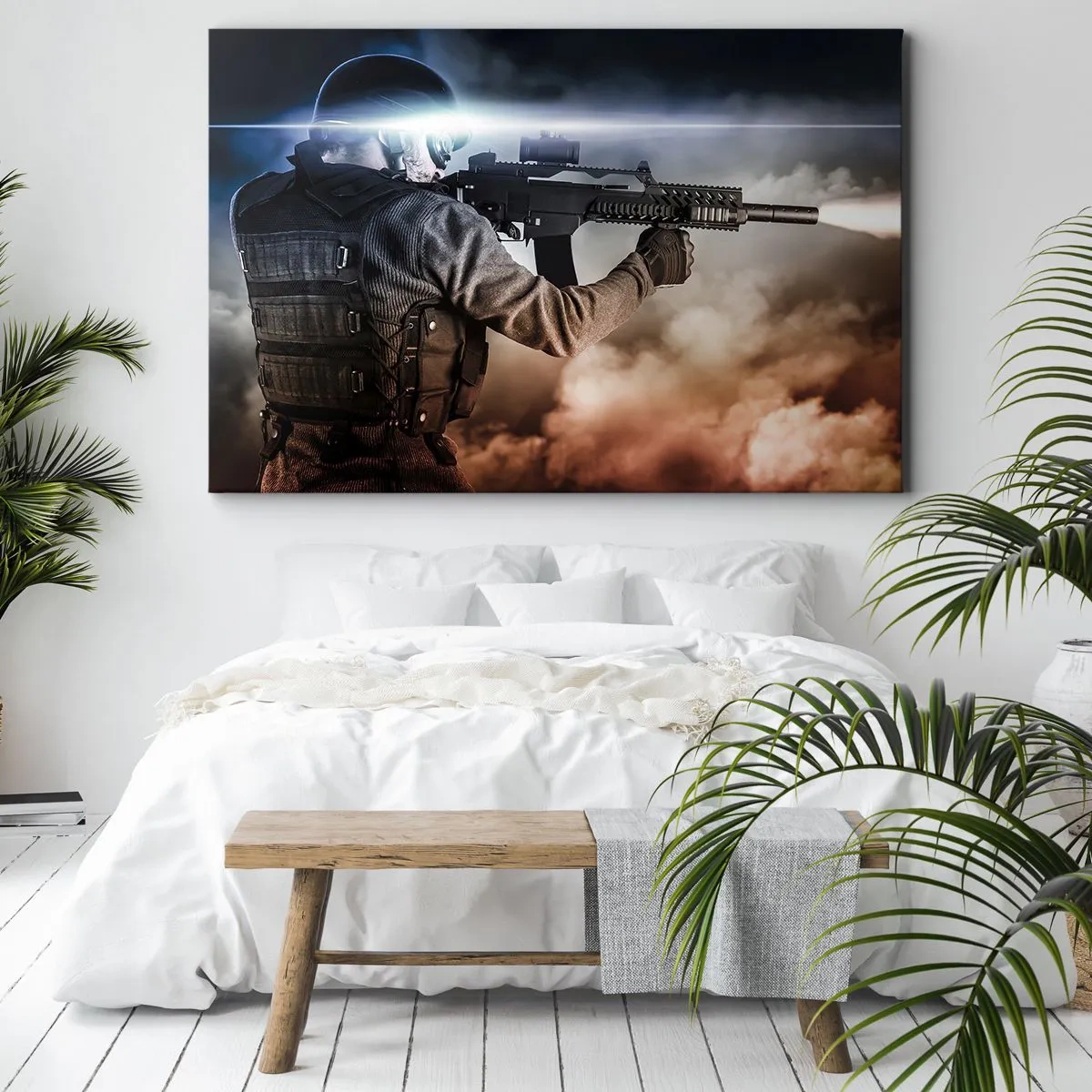 Impression sur toile - Image sur toile - Un soldat en action avec un fusil sur fond de nuages et de lumière. - 70x50cm - Tout simplement un héros - Décoration murale moderne pour le salon et la chambre ARTTOR