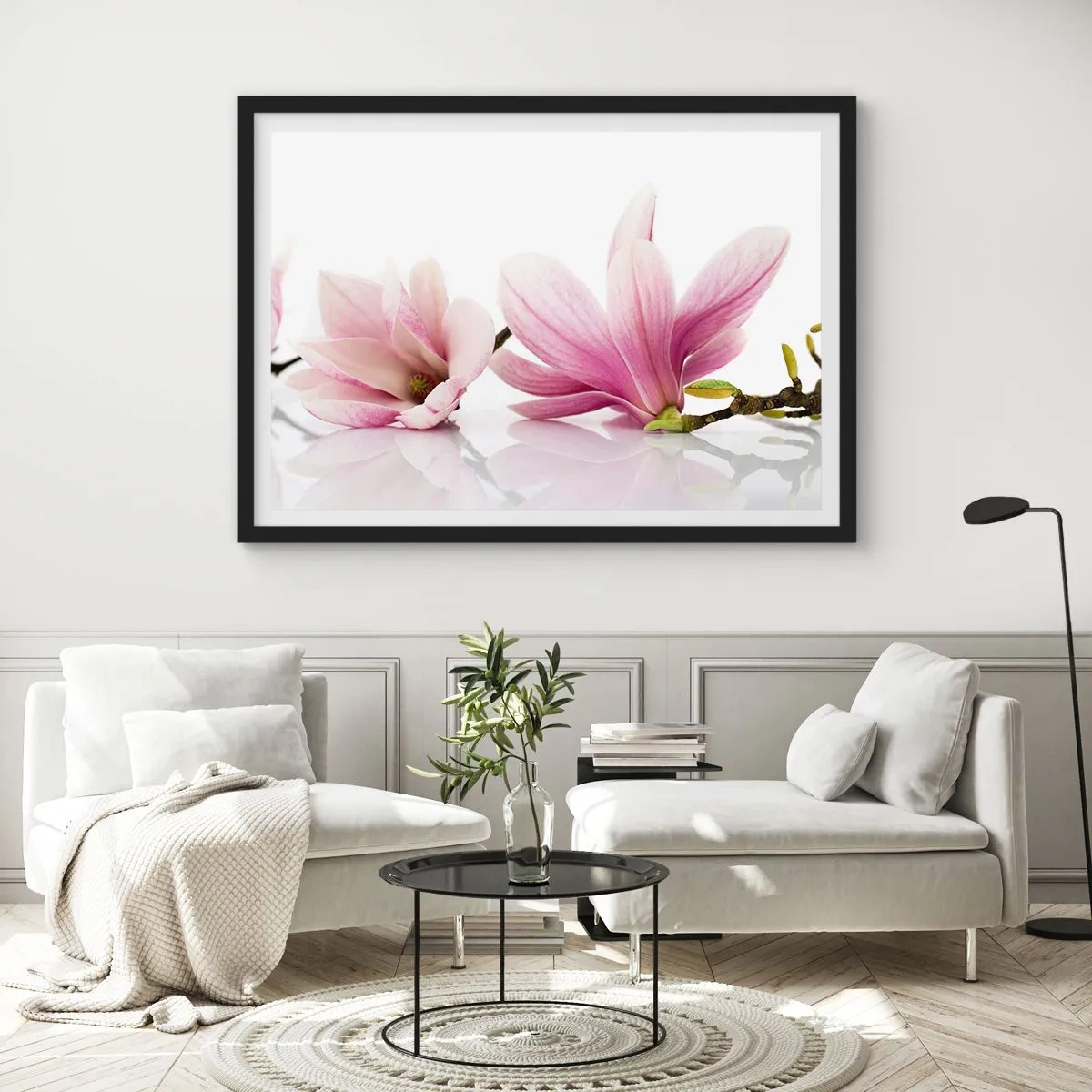 Affiche dans un cadre noir - Poster - Magnolias roses délicats sur fond blanc - 100x70cm - Délicat comme une brise de printemps - Décoration murale moderne pour le salon et la chambre ARTTOR
