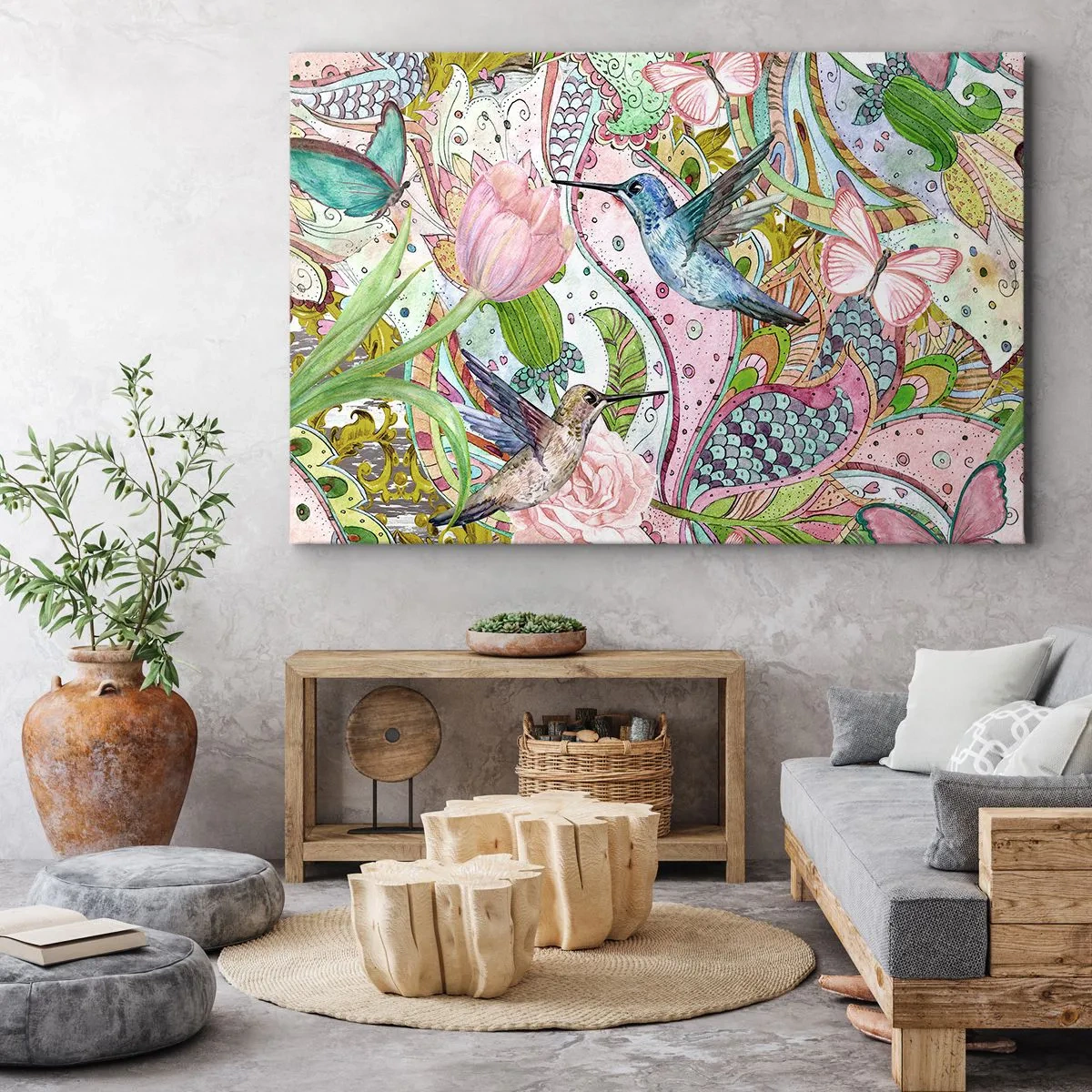 Impression sur toile - Image sur toile - Colibris et papillons colorés parmi les plantes - 120x80cm - Empêtré dans les vignes - Décoration murale moderne pour le salon et la chambre ARTTOR